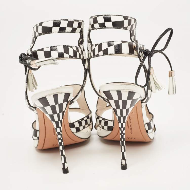 Pre Owned Sophia Webster White/Black Checkered Leather Poppy Sandals Size 40.5