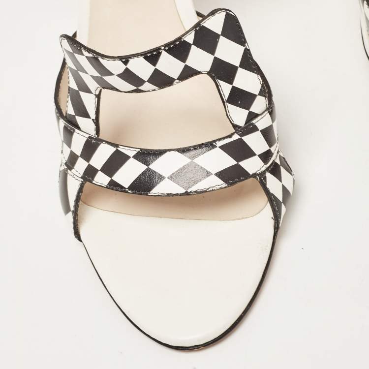 Pre Owned Sophia Webster White/Black Checkered Leather Poppy Sandals Size 40.5