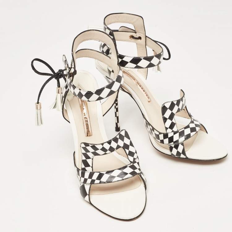 Pre Owned Sophia Webster White/Black Checkered Leather Poppy Sandals Size 40.5
