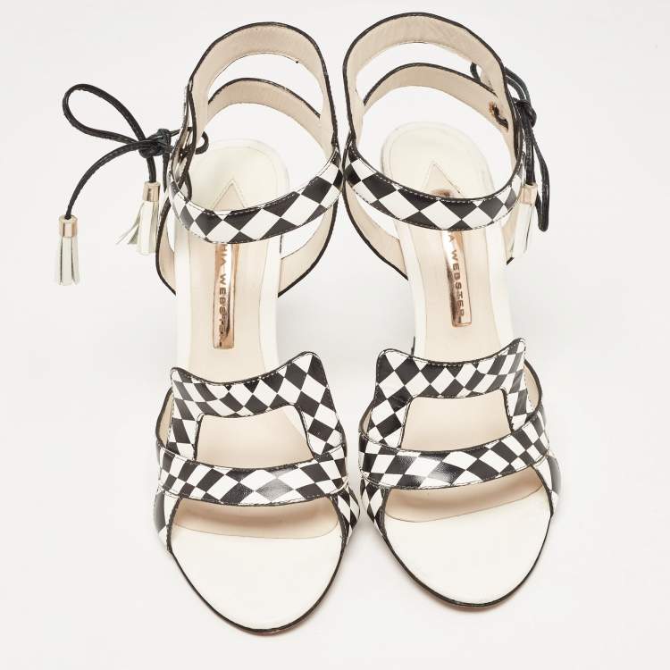 Pre Owned Sophia Webster White/Black Checkered Leather Poppy Sandals Size 40.5