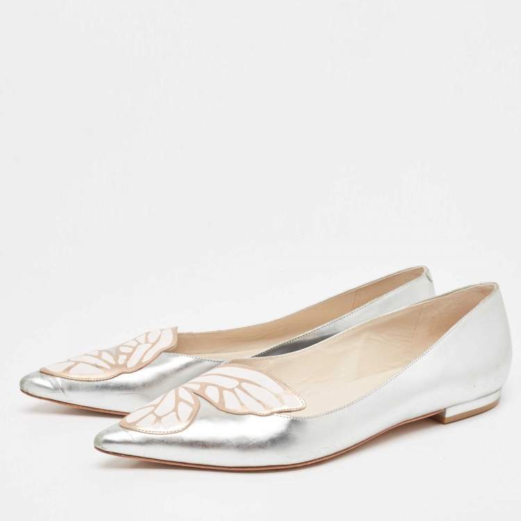 Pre Owned Sophia Webster Silver Leather Bibi Butterfly Ballet Flats Size 41
