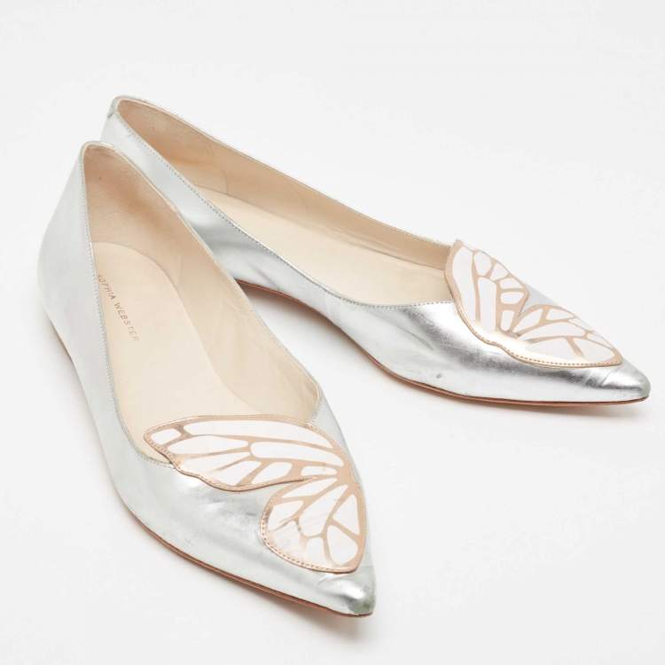 Pre Owned Sophia Webster Silver Leather Bibi Butterfly Ballet Flats Size 41