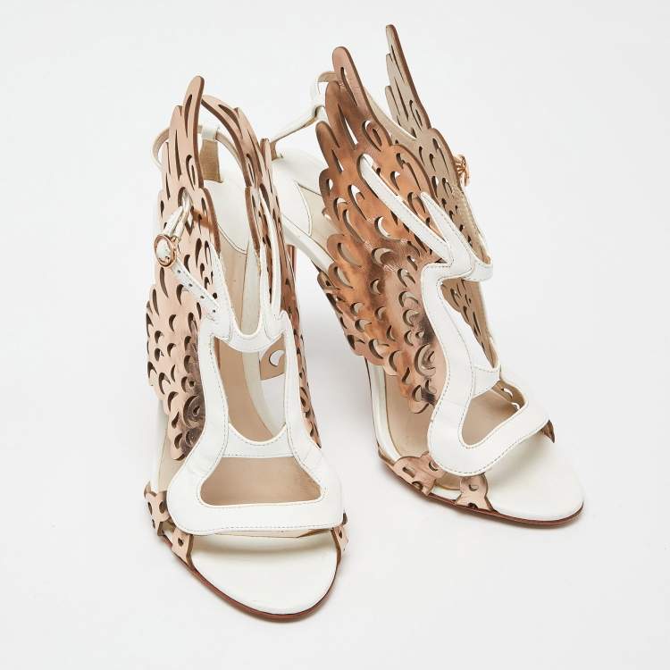 Pre Owned Sophia Webster Gold/White Leather Evangeline Laser Cut Angel Wing Ankle Strap Sandals Size 39