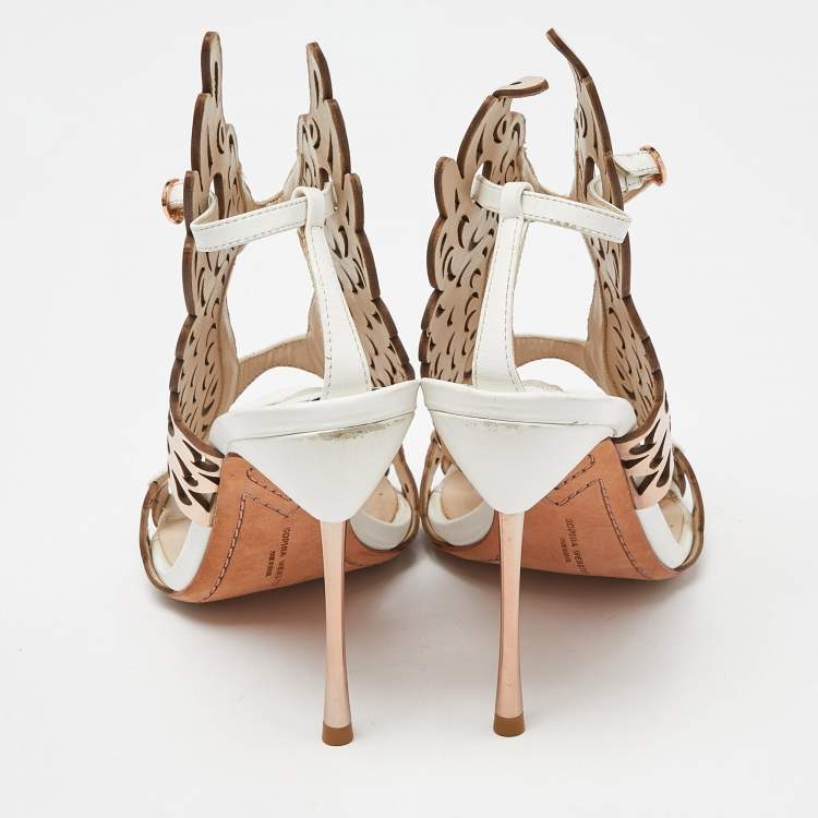 Pre Owned Sophia Webster Gold/White Leather Evangeline Laser Cut Angel Wing Ankle Strap Sandals Size 39