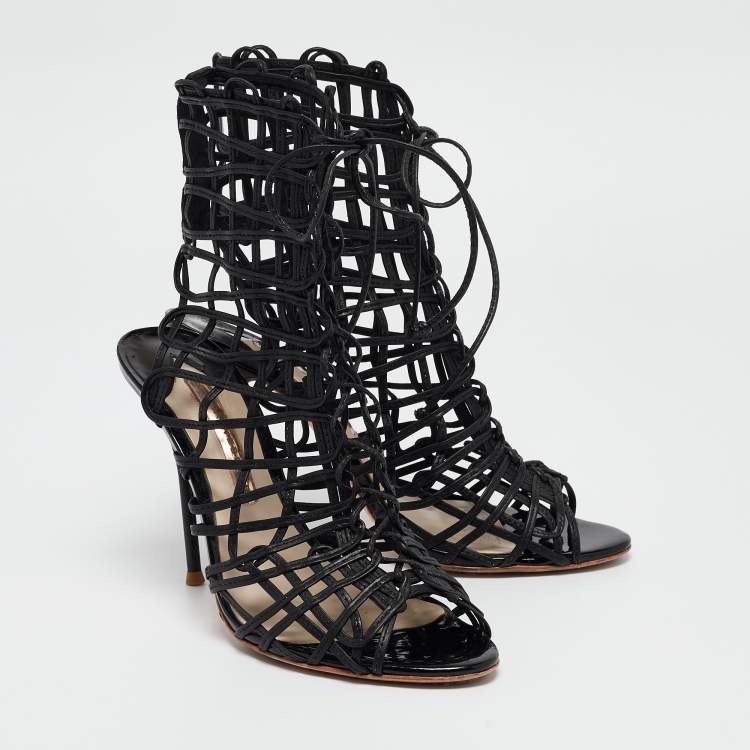 Pre Owned Sophia Webster Black Leather Delphine Peep Toe Cage Sandals Size 38