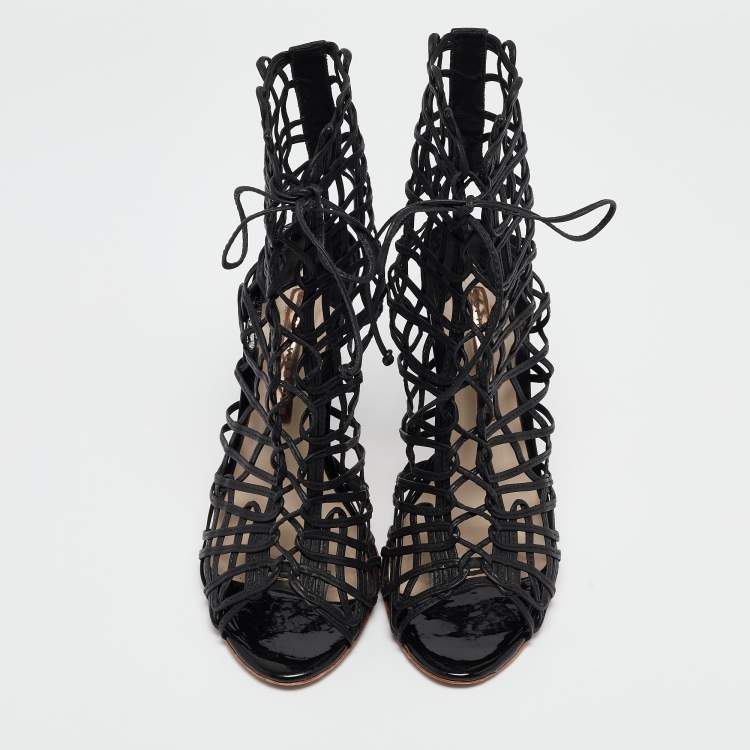 Pre Owned Sophia Webster Black Leather Delphine Peep Toe Cage Sandals Size 38