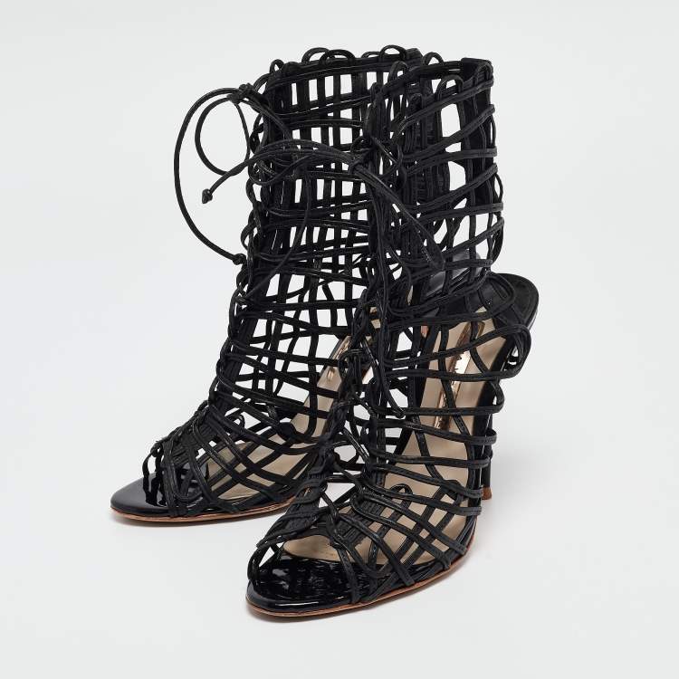 Pre Owned Sophia Webster Black Leather Delphine Peep Toe Cage Sandals Size 38