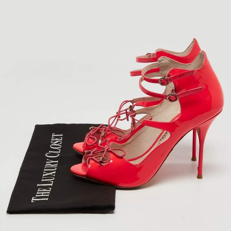 Pre Owned Sophia Webster Neon Pink Patent Leather Ankle Strap Sandals Size 39.5