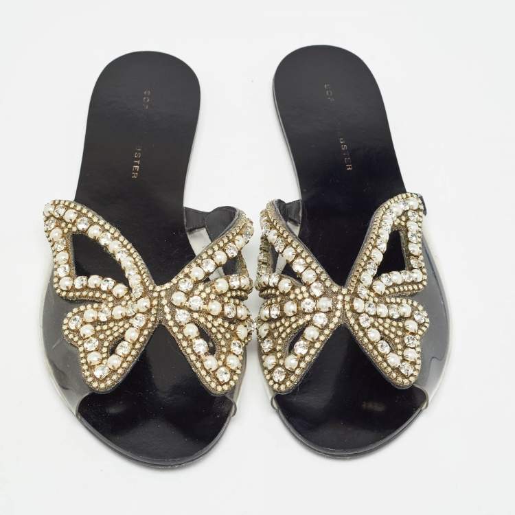 Pre Owned Sophia Webster Black Leather and PVC Madame Butterfly Slide Flats Size 38.5