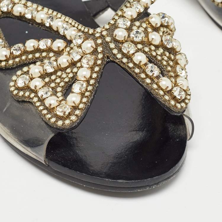 Pre Owned Sophia Webster Black Leather and PVC Madame Butterfly Slide Flats Size 38.5