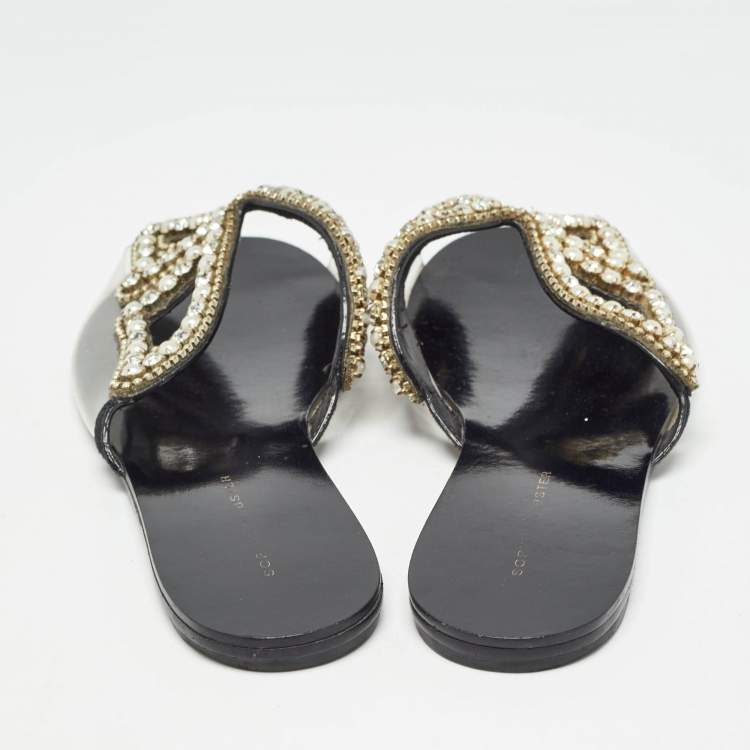 Pre Owned Sophia Webster Black Leather and PVC Madame Butterfly Slide Flats Size 38.5