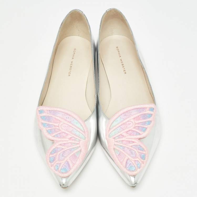 Pre Owned Sophia Webster Silver/Pink Patent Leather Bibi Butterfly Ballet Flats Size 40.5