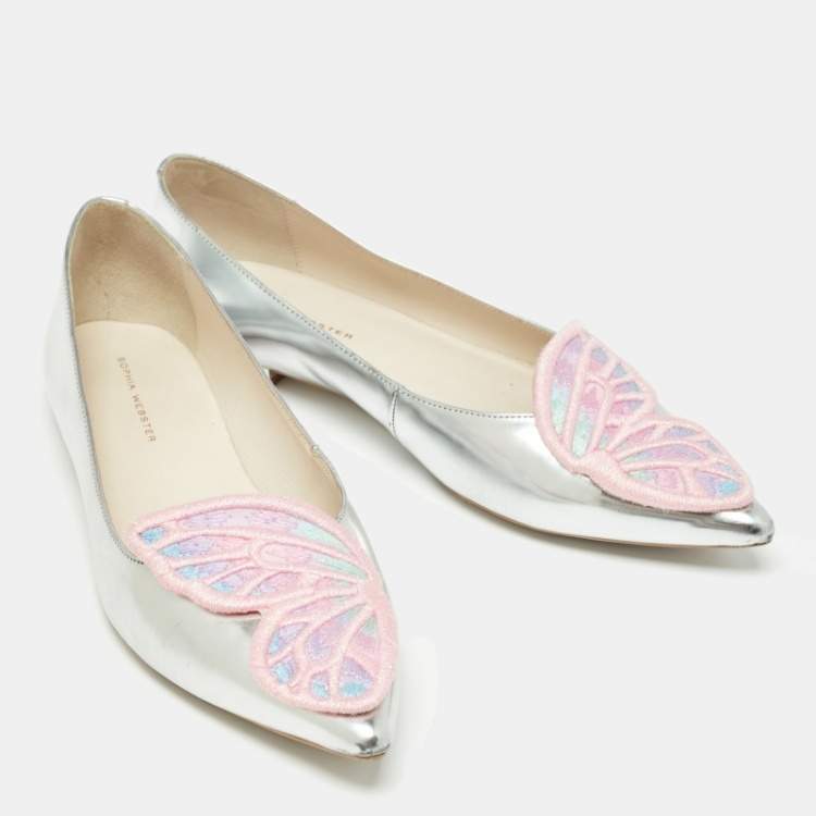 Pre Owned Sophia Webster Silver/Pink Patent Leather Bibi Butterfly Ballet Flats Size 40.5