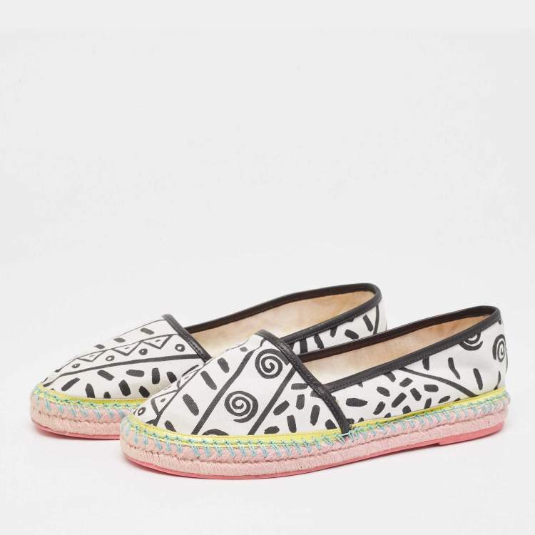 Pre Owned Sophia Webster White/Black Canvas and Leather Espadrille Flats Size 40.5