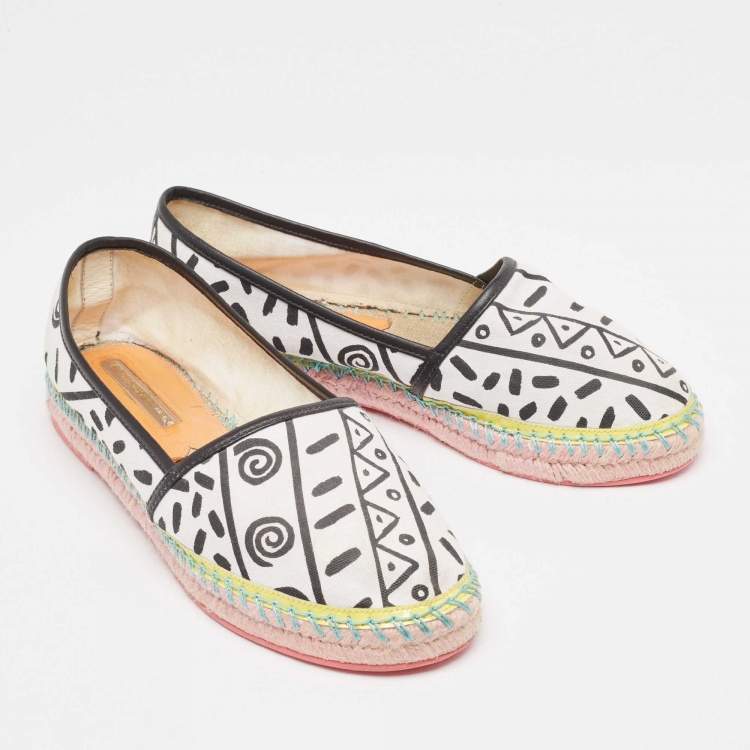 Pre Owned Sophia Webster White/Black Canvas and Leather Espadrille Flats Size 40.5