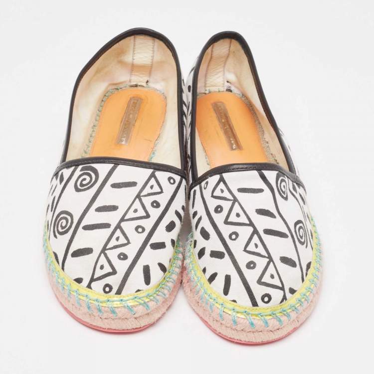 Pre Owned Sophia Webster White/Black Canvas and Leather Espadrille Flats Size 40.5