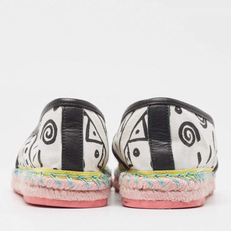 Pre Owned Sophia Webster White/Black Canvas and Leather Espadrille Flats Size 40.5