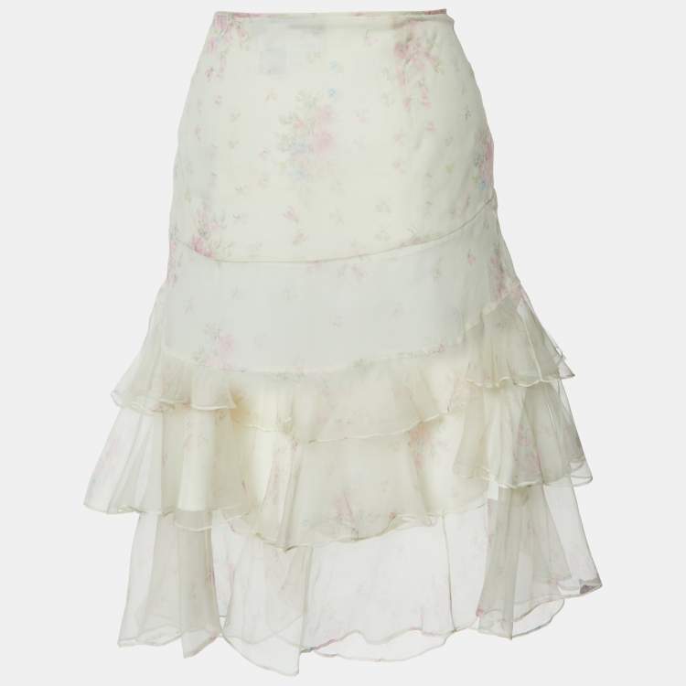 Pre Owned Sportmax White Floral Print Organza Tiered Skirt L