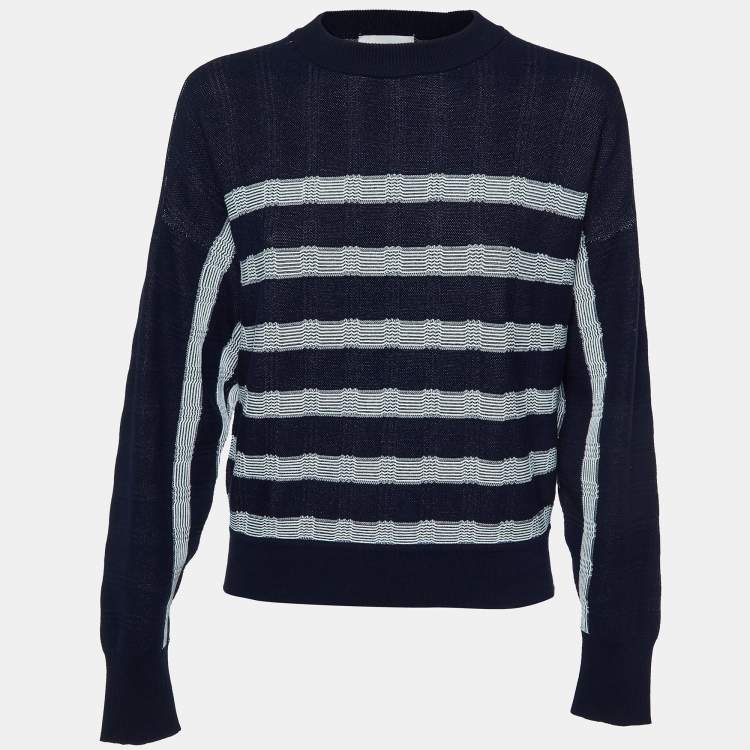 Pre Owned Sportmax Navy Blue Striped Knit Crewneck Sweatshirt L