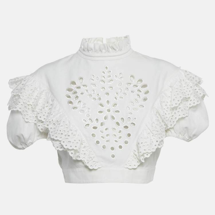 Pre Owned Sportmax White Broderie Anglaise Cotton Ometto Crop Top M