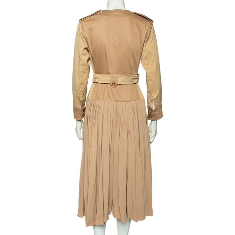 Pre Owned Sportmax Beige Cotton & Georgette Double Breasted Pleated Belted Coat S