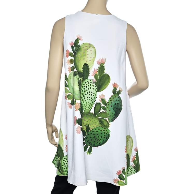 Pre Owned Sportmax White Cactus Print Crepe Sleeveless A-Line Dress S