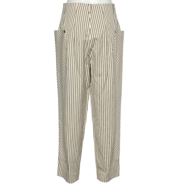 مملوكة مسبقًا Sportmax Cream Striped Cotton Paneled Trousers M