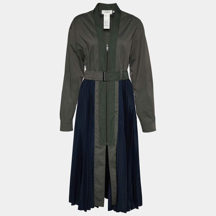 Pre Owned Sportmax Olive Green Cotton & Plisse Belted Midi Coat Dress M