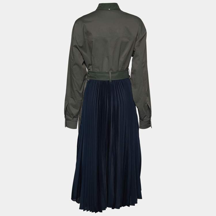 Pre Owned Sportmax Olive Green Cotton & Plisse Belted Midi Coat Dress M