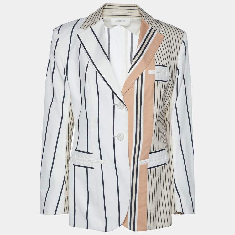 Pre Owned Sportmax White & Beige Striped Cotton Blazer L