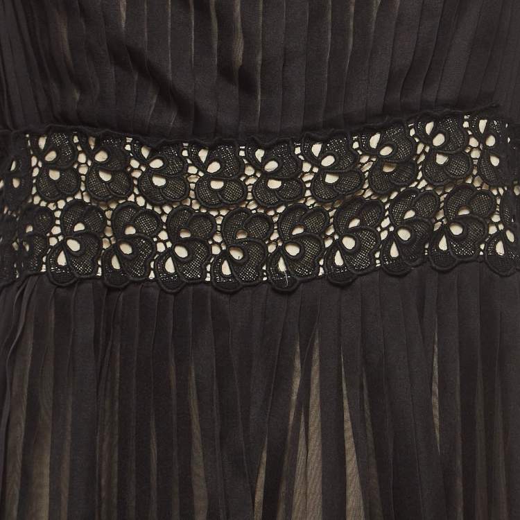 Pre Owned Sportmax Black Lace Trim Silk Pleated Midi Empire Dress L