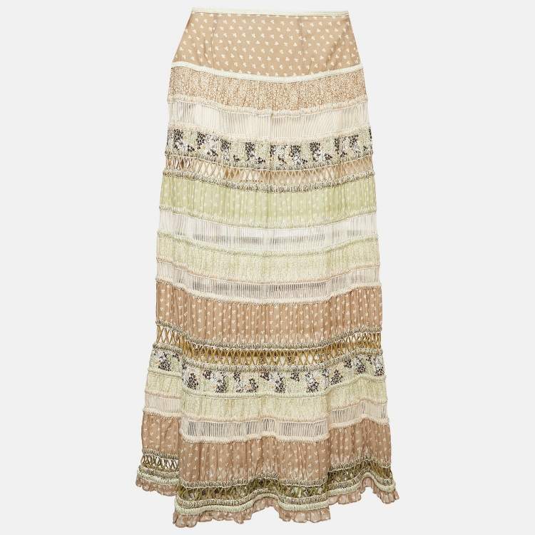 Pre Owned Sportmax Multicolor Floral Print Crochet and Cotton Tiered Maxi Skirt S