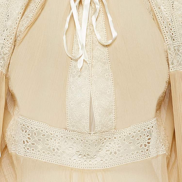 Pre Owned Sportmax Beige Lace and Silk Tie-Up Detail Blouse S
