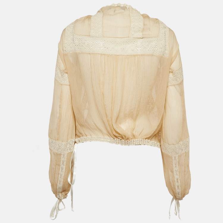 Pre Owned Sportmax Beige Lace and Silk Tie-Up Detail Blouse S