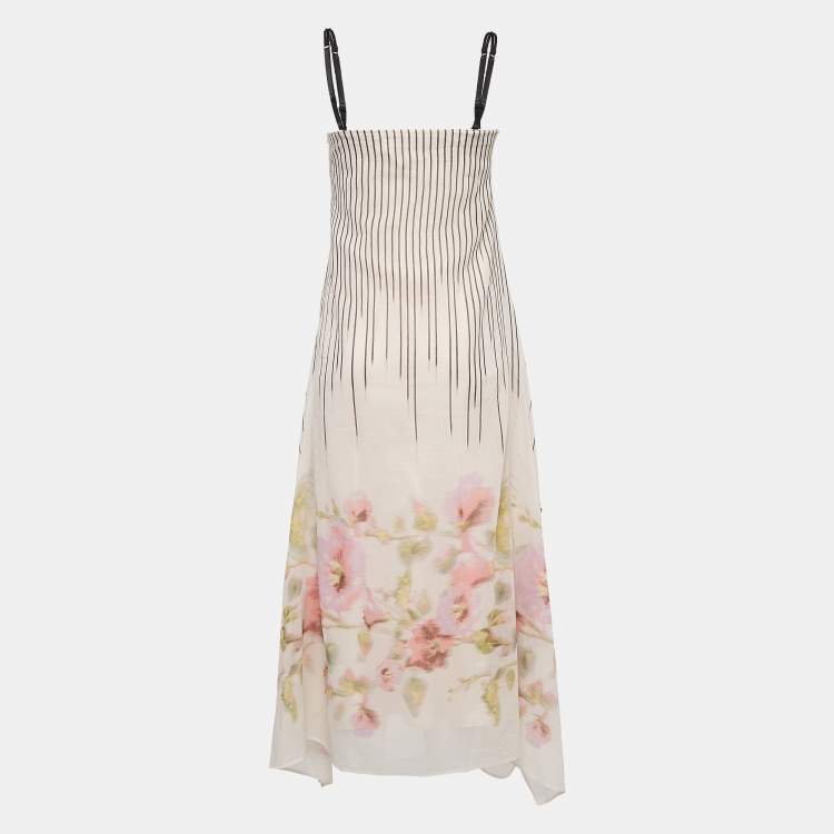Pre Owned Sportmax Pink Stripe and floral Print Cotton Asymmetric Midi Dress M
