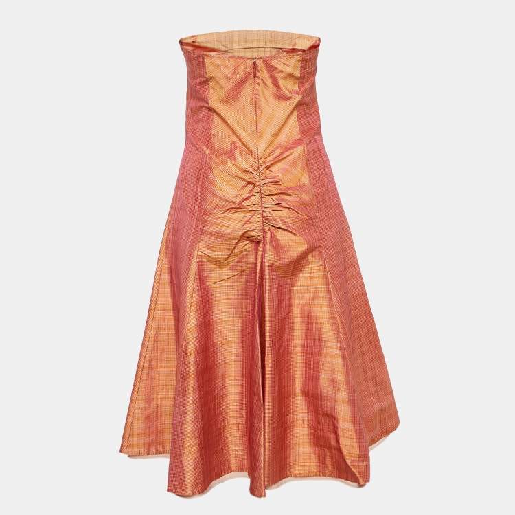 Pre Owned Sportmax Pink Check Taffeta Silk Pleated Strapless Mini Dress M