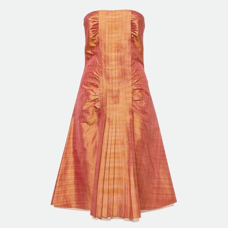 Pre Owned Sportmax Pink Check Taffeta Silk Pleated Strapless Mini Dress M