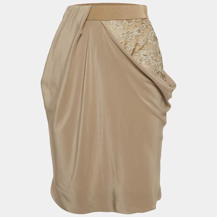 مملوكة مسبقًا Sportmax Beige Lace Trim Silk Draped Pencil Skirt S
