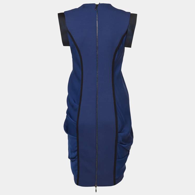 Pre Owned Sportmax Blue Gabardine and Satin Draped Style Sheath Dress S