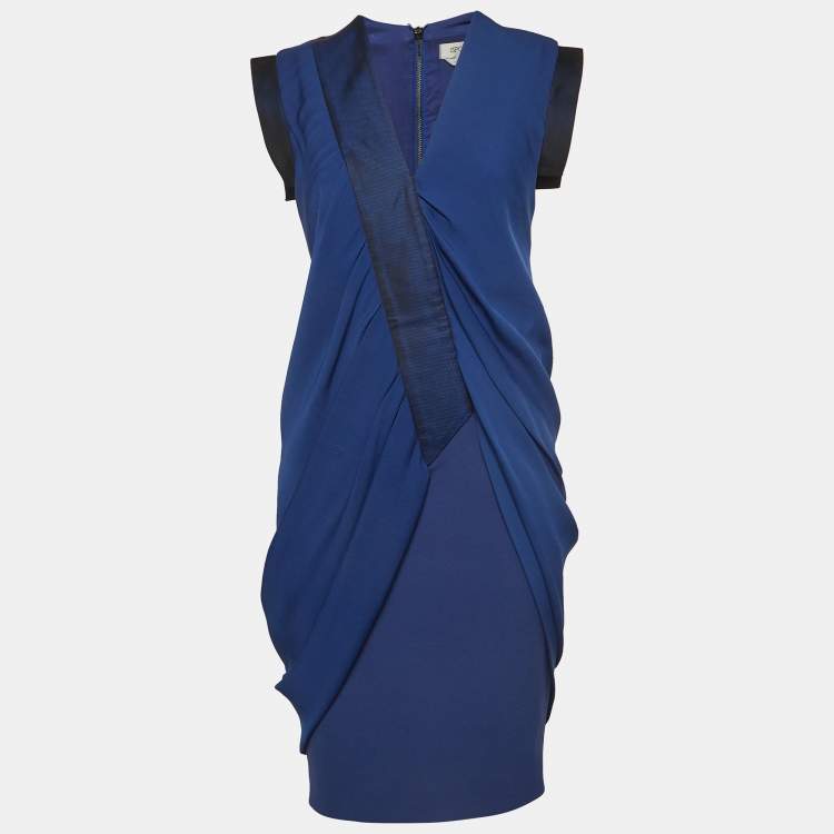 Pre Owned Sportmax Blue Gabardine and Satin Draped Style Sheath Dress S