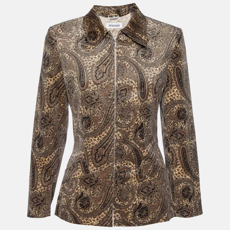 Pre Owned Sportmax Beige Paisley Print Velvet Zip Up Jacket M