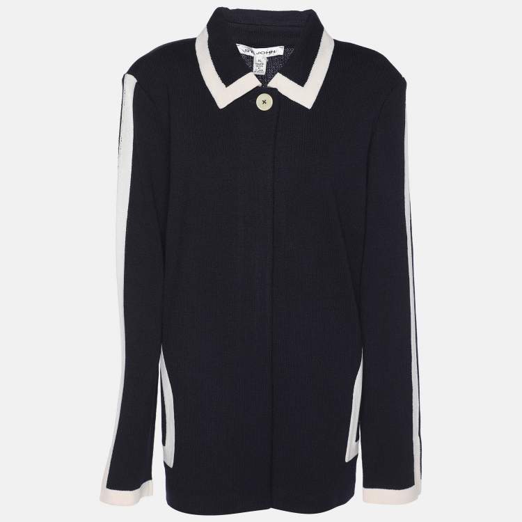 Pre Owned St. John Navy Blue/Cream Wool Rib Knit Sweater XL
