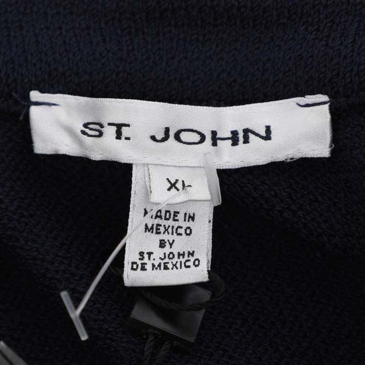 Pre Owned St. John Navy Blue/Cream Wool Rib Knit Sweater XL