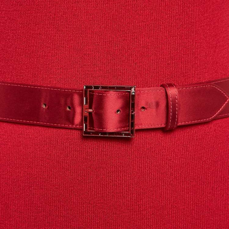 Pre Owned St. John Red Rib Knit Bow One Shoulder Belted Maxi Dress M