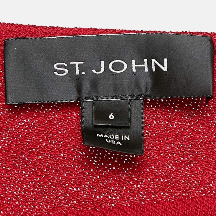 Pre Owned St. John Red Rib Knit Bow One Shoulder Belted Maxi Dress M