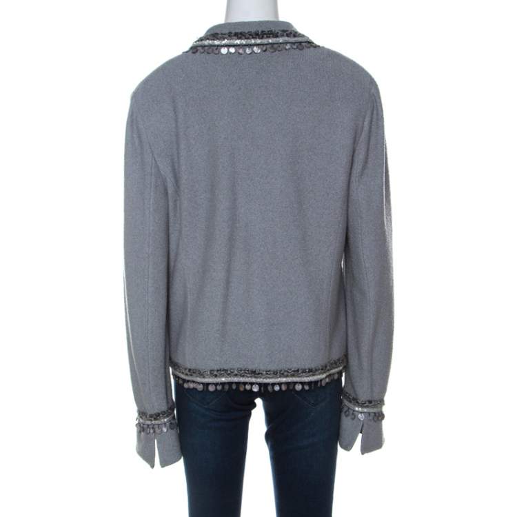Pre Owned St. John Couture Grey Knit Embellished Boucle Trim Tailored Jacket XL