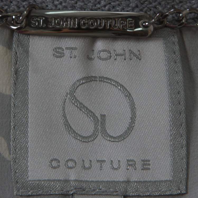Pre Owned St. John Couture Grey Knit Embellished Boucle Trim Tailored Jacket XL