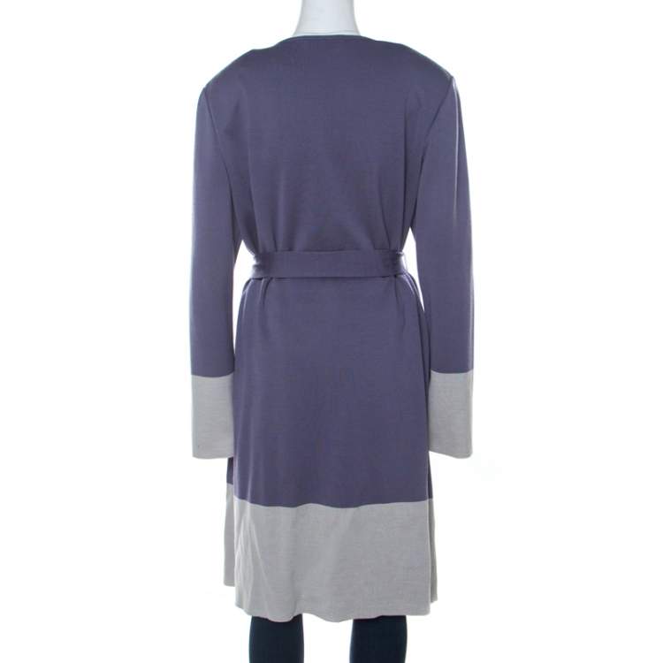 Pre Owned St. John Purple Knit Padded Shoulder Detail Belted Cardigan XL