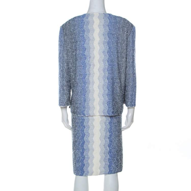 Pre Owned St. John Blue and White Chevron Pattern Tweed Dress and Jacket Set XL