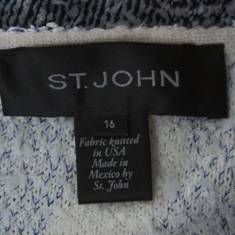 Pre Owned St. John Blue and White Chevron Pattern Tweed Dress and Jacket Set XL
